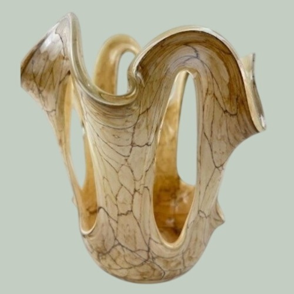 VTG Hand‎ Blown Amber Cream Veined Freeform Handkerchief Tulip Art Glass Vase